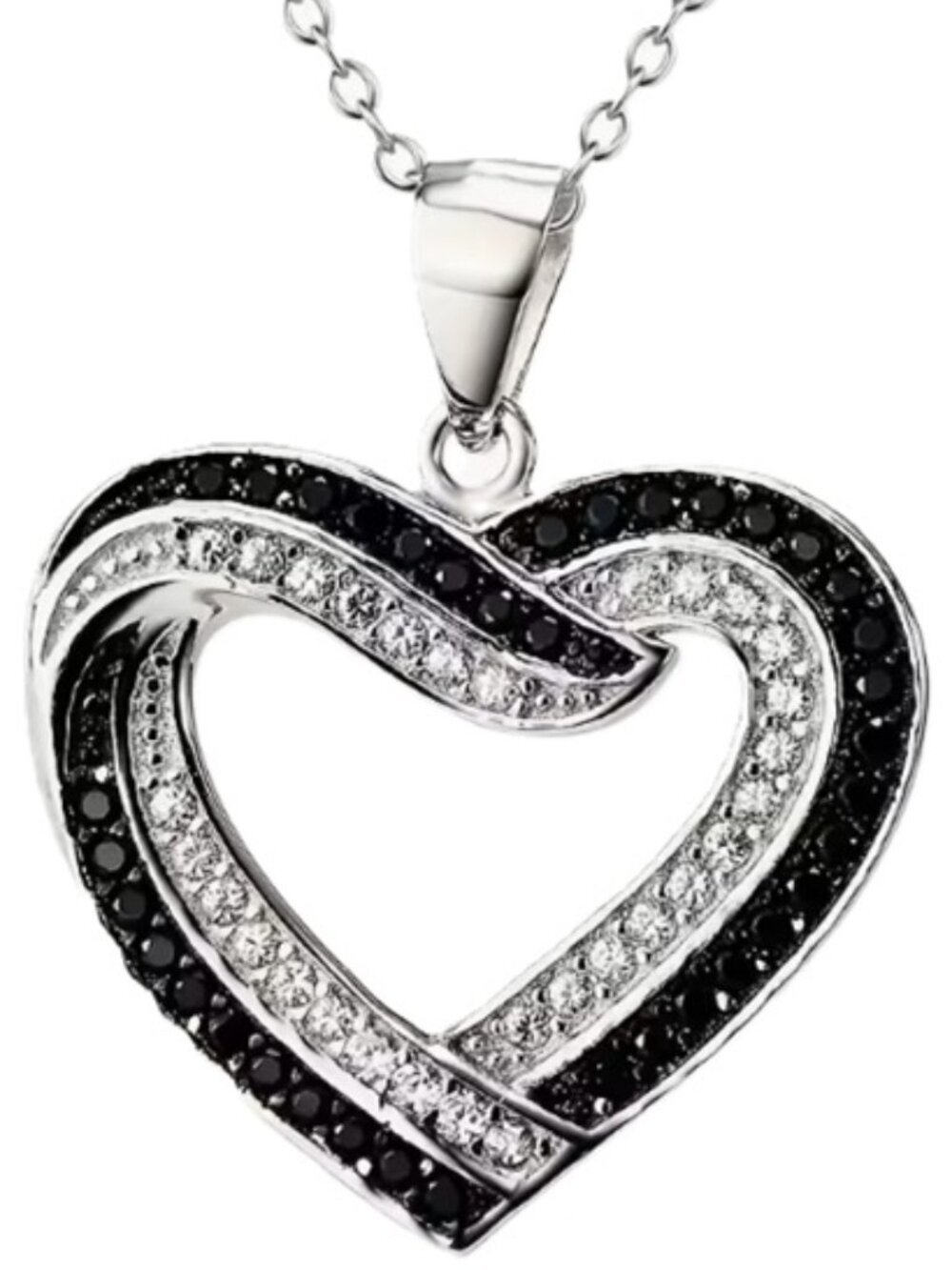 18k Gold Plated Pendant Necklace - Heart Shaped w/ Black & White Lab Created CZ